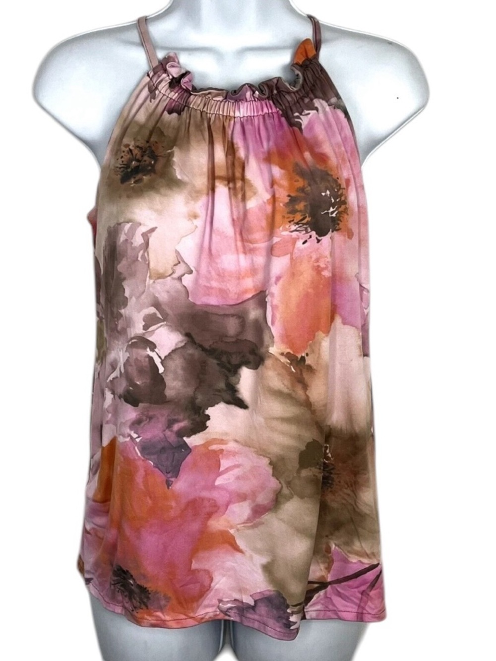 Daisy & Clover Floral Halter Top‎ Medium Pink Watercolor Sleeveless Blouse